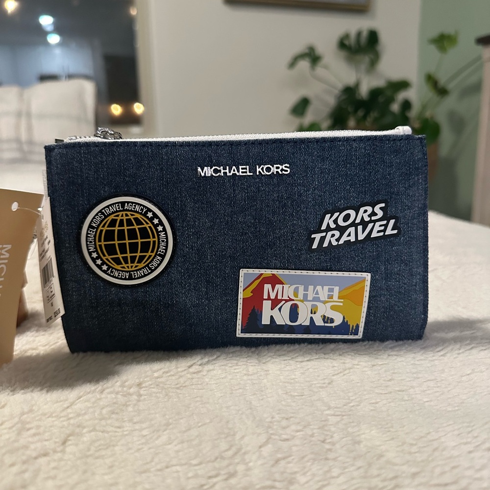 Michael Kors Jet Set Travel Large Embellished Denim Wristlet Wallet Phone Holder